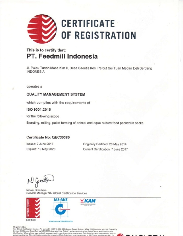 Certificate ISO 9001 Feedmill